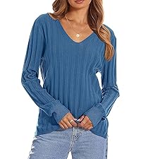 Fall V Neck Long Sleeve Ribbed Knit Sweater 