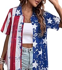 American Flag Shirt Women Patriotic Shirts 4th of July Tops USA Stars Stripe Button Down tees Shirt