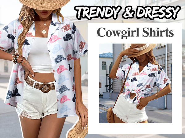 Western Shirts Women Cowgirl Button Down Shirts Cowboy Short Sleeve Boho Tops Ladies Hawaiian Shirt