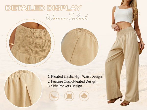 PrinStory Linen Palazzo Pant Summer Boho Wide Leg High Waist Casual Lounge Pant Trousers with Pocket