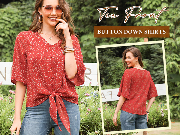 AWULIFFAN Women''s Casual Tie Front Chiffon Blouses Button Down Shirts