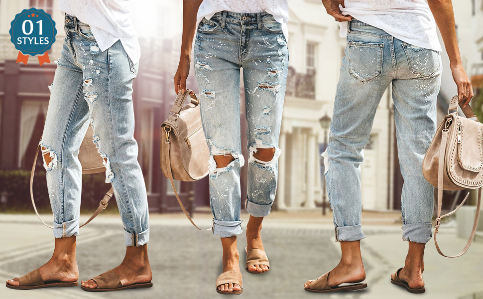 Women''s Ripped Mid Waisted Boyfriend Jeans Loose Fit Distressed Stretchy Light Blue