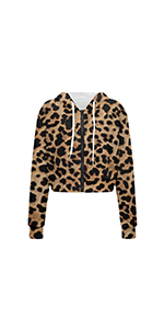 leopard women zip up crop hoodies