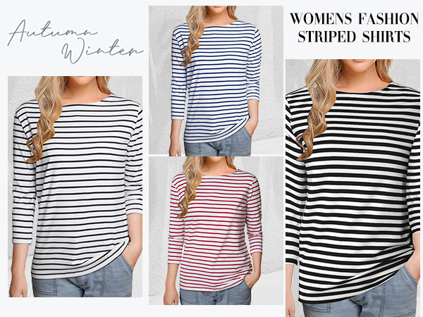 striped shirt for women 3/4 sleeve boat neck shirts womens three quarter length sleeves tshirts