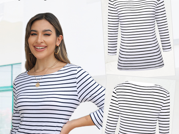 3/4 sleeve tops for women breton striped t-shirts boat neck top womens boatneck stripes tees 