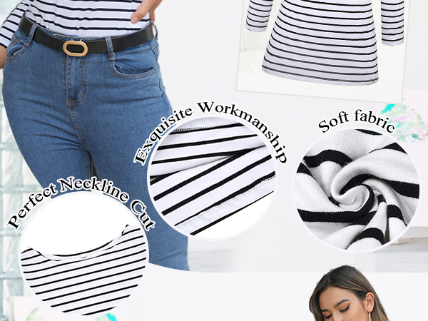 boatneck striped shirt for women loose fit tshirts cotton stripes shirt 3/4 sleeve boat neck tops