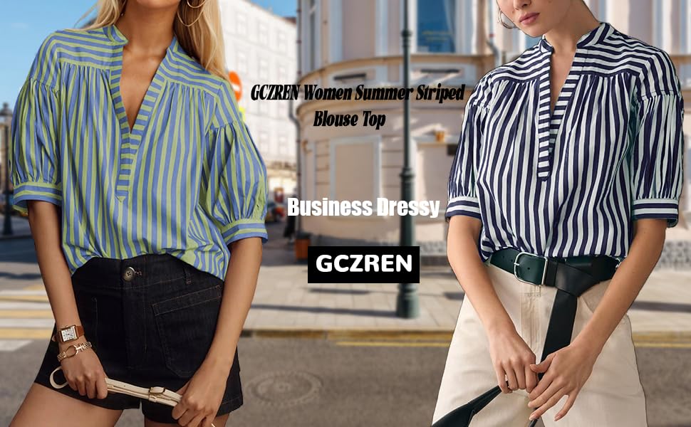 GCZREN Women Summer Loose Fit Puff Short Sleeve Striped Blouse Top