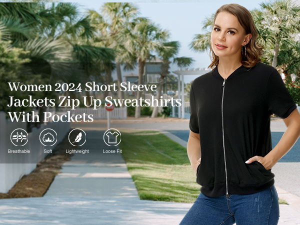 Womens Short Sleeve Jackets with Pockets Casual Full Zip Sweatshirt