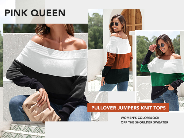 Pink Queen Women''s Colorblock Off The Shoulder Sweater