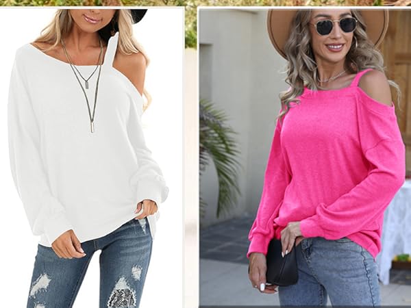 Womens Casual Shirts Long Sleeve Cold Shoulder Tops Loose Pullover Sweater Tunic Blouse