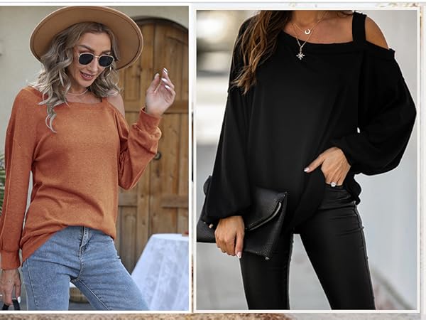 Womens Casual Shirts Long Sleeve Cold Shoulder Tops Loose Pullover Sweater Tunic Blouse