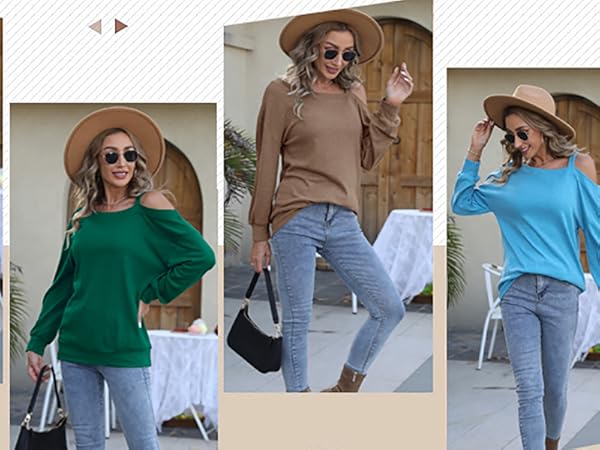 Womens Casual Shirts Long Sleeve Cold Shoulder Tops Loose Pullover Sweater Tunic Blouse