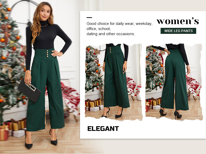 high waist button front wide leg loose fit pants trousers