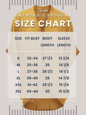 BATWING CARDIGAN SIZE CHART