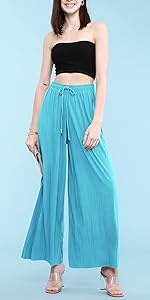 Womens Pleated Wide Leg Palazzo Maxi Pants with Drawstring or Elastic Band