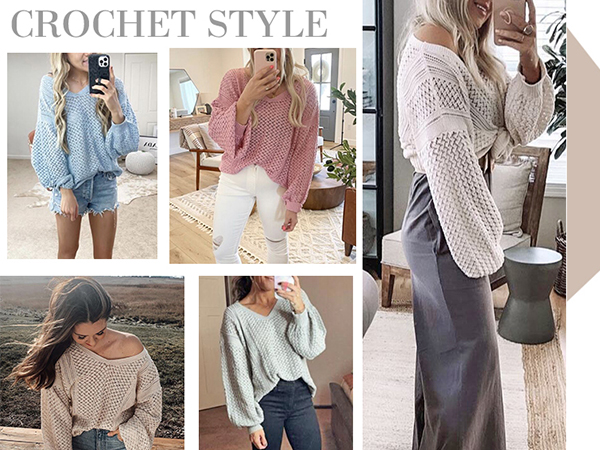 Womens Sweaters Casual Oversized V Neck Off Shoulder Sexy Crochet Sweater Batwing Sleeve Pullover