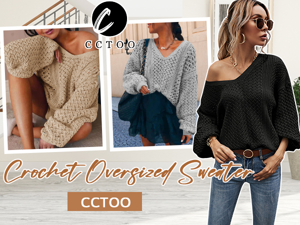 Womens Sweaters Casual Oversized V Neck Off Shoulder Sexy Crochet Sweater Batwing Sleeve Pullover