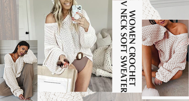 Womens Sweaters Casual Oversized V Neck Off Shoulder Sexy Crochet Sweater Batwing Sleeve Pullover