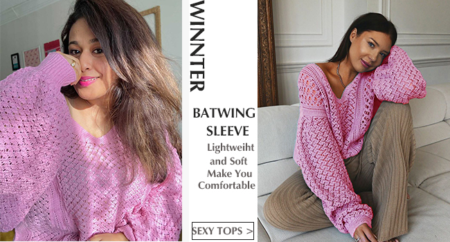 Womens Sweaters Casual Oversized V Neck Off Shoulder Sexy Crochet Sweater Batwing Sleeve Pullover