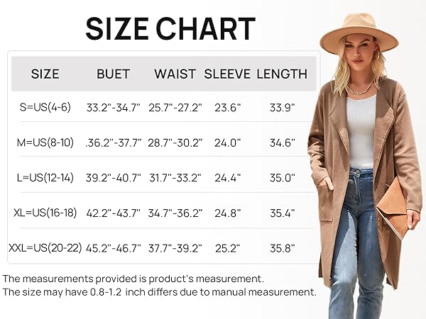 size chart for cardigan sweater