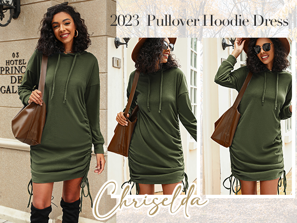  Casual Pullover Drawstring Short Mini Sweatshirt Dress