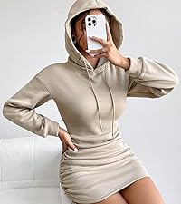  Casual Pullover Drawstring Short Mini Sweatshirt Dress