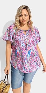 TIYOMI Plus Size Blouse For Women Short Flowy Sleeve V Neck Floral Pattern