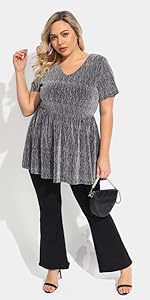 TIYOMI Plus Size Tunics For Women Short Sleeve 5X V Neck Shiny Glritter