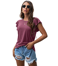 PrinStory Womens Tops Summer Casual Ruffle Short Sleeves Knit Shirts Round Neck Tunic Top for Women