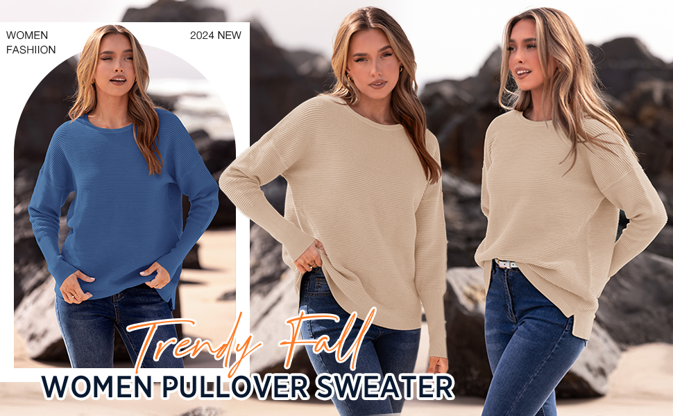 Casual 2023 Fall Sweater Long SLeeve Ribbed Knit Pullover Loose Crewneck Batwing Split Sweater