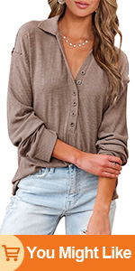 Women Casual Button Down V Neck Blouses Long Sleeve Solid Color Stand Collar Knitted Fall Tops