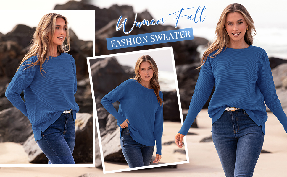 Crew neck sweater for women Batwing tops for women Denim blue sweater Oversized sweater Fall