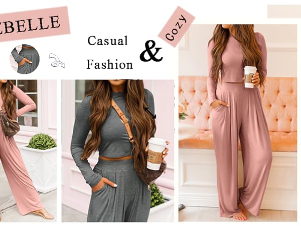 Womens 2 Piece Pajama Lounge Outfits Set Fall Winter Long Sleeve Pjs Sweatsuit Crop Top Pockets