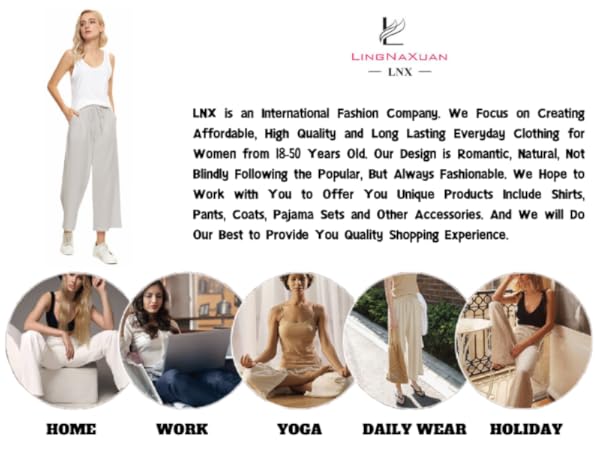 LNX Womens Wide Leg Linen Pants High Waisted Drawstring 100% Linen Flowy Crop Trousers with Pockets