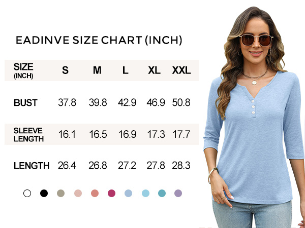 EADINVE Womens 3/4 Sleeve T-Shirts V Neck Buttons Tops Basic Tee