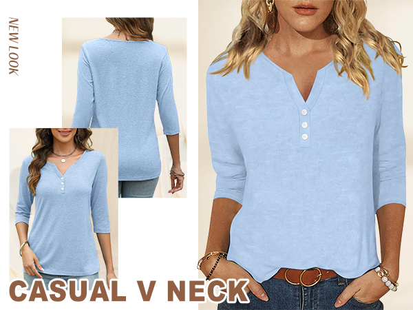 EADINVE Womens 3/4 Sleeve T-Shirts V Neck Buttons Tops Basic Tee Solid Color Blouse Loose Fit