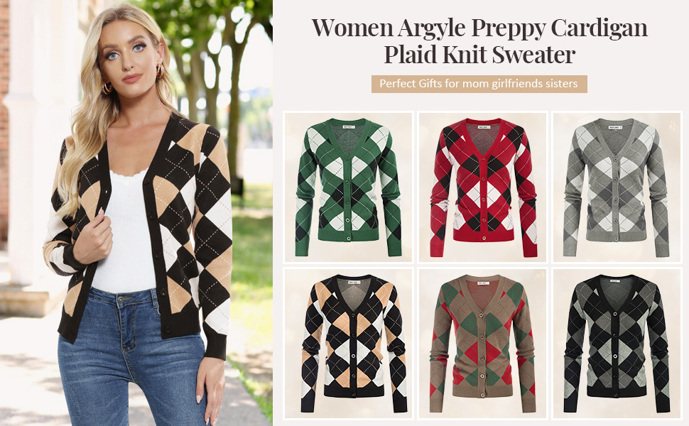 Womens Argyle Preppy Cardigan Sweater