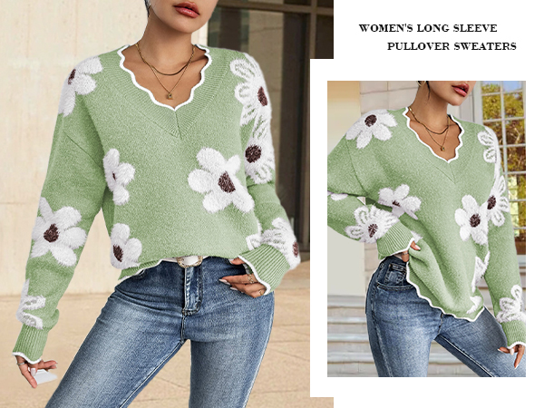 Holiday Autumn Sexy V Neck Slouchy Pullovers Knitted Trendy Going Out Cozy Flower Fuzzy Jumper Tops