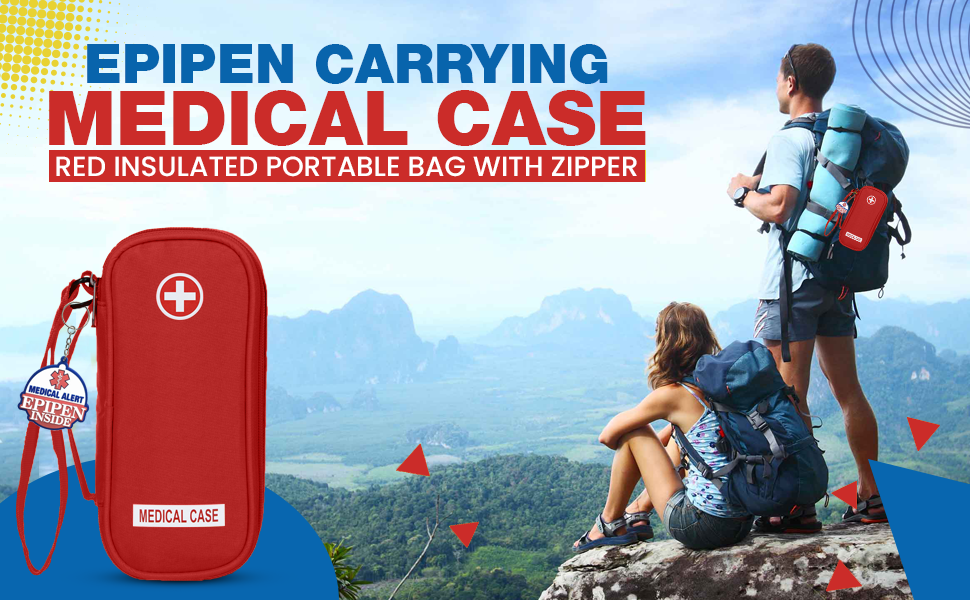 Illustration of Red Epipen Carrying Case. Case is standing upright.