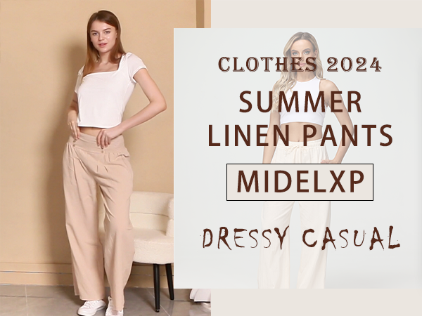 MIDELXP - Wide Leg Linen Pants for Women Smocked Waist Palazzo Pants