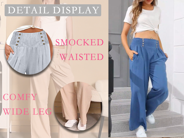 MIDELXP - Wide Leg Linen Pants for Women Smocked Waist Palazzo Pants