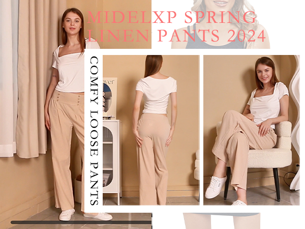 MIDELXP - Wide Leg Linen Pants for Women Smocked Waist Palazzo Pants