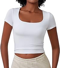 Women&amp;amp;#39;s Square Neck Short Sleeve Crop Tops