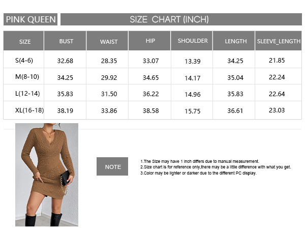 V Neck Wrap Sweater Dress size chart