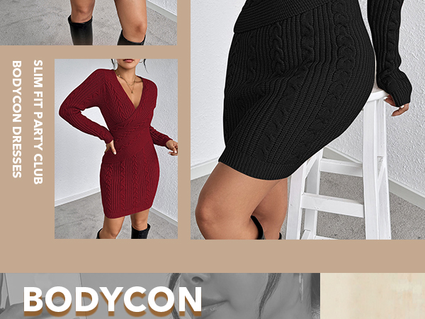 Long Sleeve V Neck Fall Sweater Dress Slim Fit Party Club Bodycon Dresses