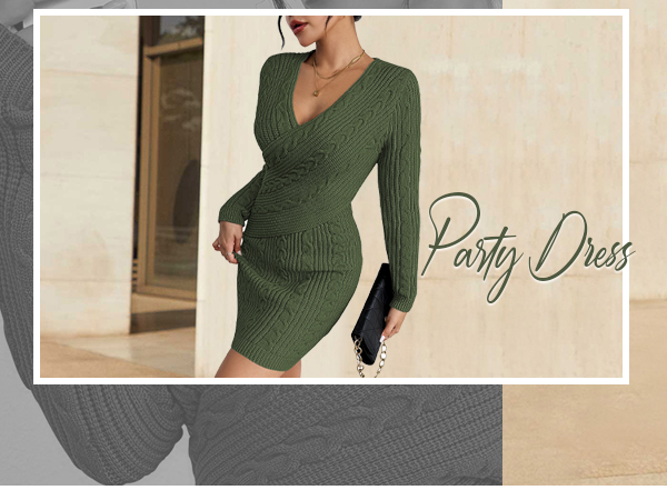 Women''s V Neck Wrap Sweater Dress Long Sleeve Cable Knit Bodycon Party Dress