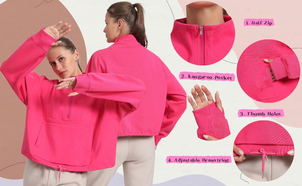 Womens workout Sweatshirt kangaroo Pocket Half Zip Adjustable Drawstring Thumb Holes