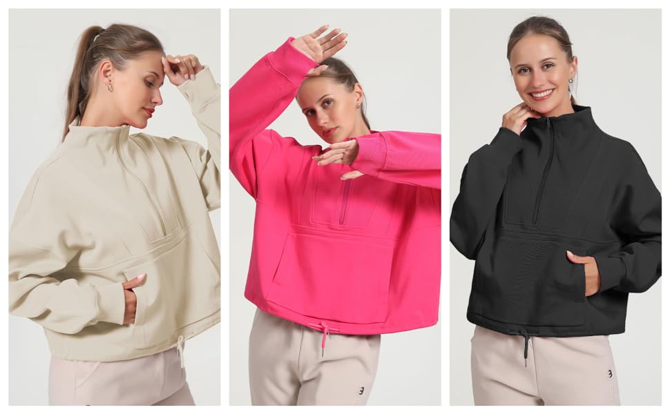  Half Zip Sweatshirts Long Sleeve Solid Color Casual Pullover Jackets with Pockets for Women