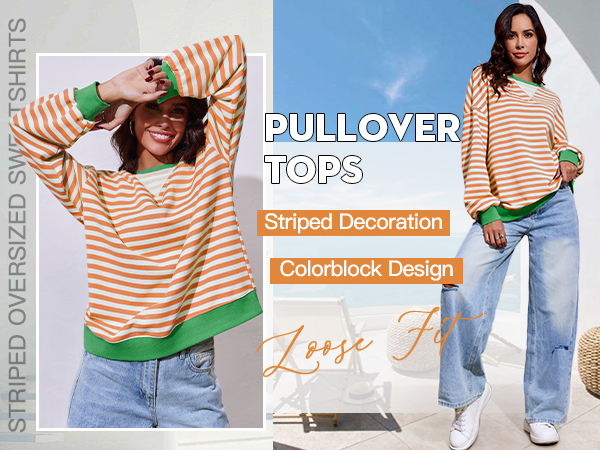 Fisoew Womens Striped Oversized Sweatshirt