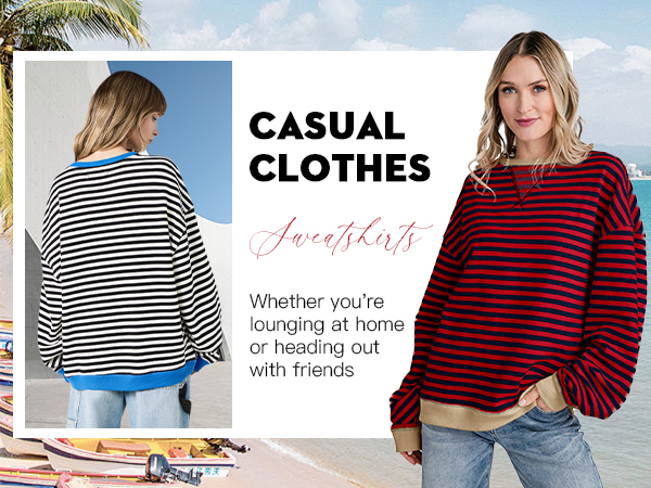 Fisoew Womens Striped Oversized Sweatshirt